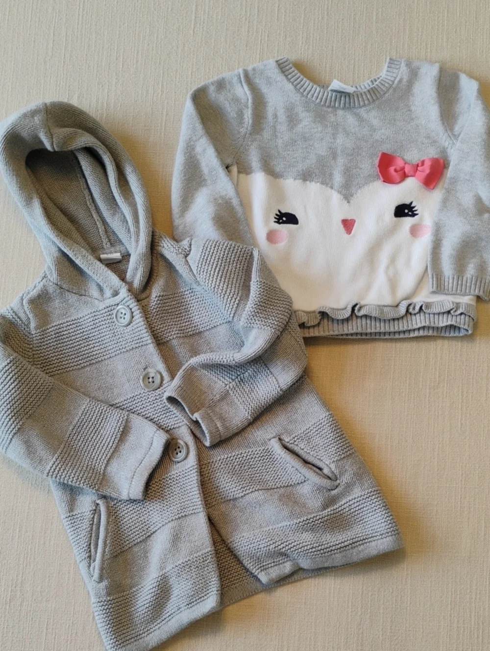 2T Gap Gymboree Gray Owl Sweater with Pink Bow & Gray Gap Baby Hooded Cardigan